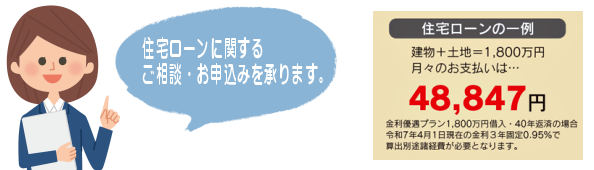 住宅ローンに関するご相談・お申込みを承ります。 住宅ローンの一例
