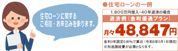 住宅ローンに関するご相談・お申込みを承ります。 住宅ローンの一例
